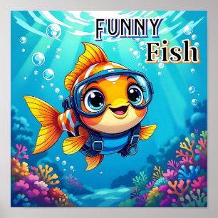 Funny Fish   Cute Tecknad Barn Nursery Art Poster