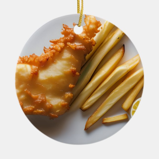 Funny Fish Pun jul | Fisk och Chip Julgransprydnad Keramik (Framsidan)