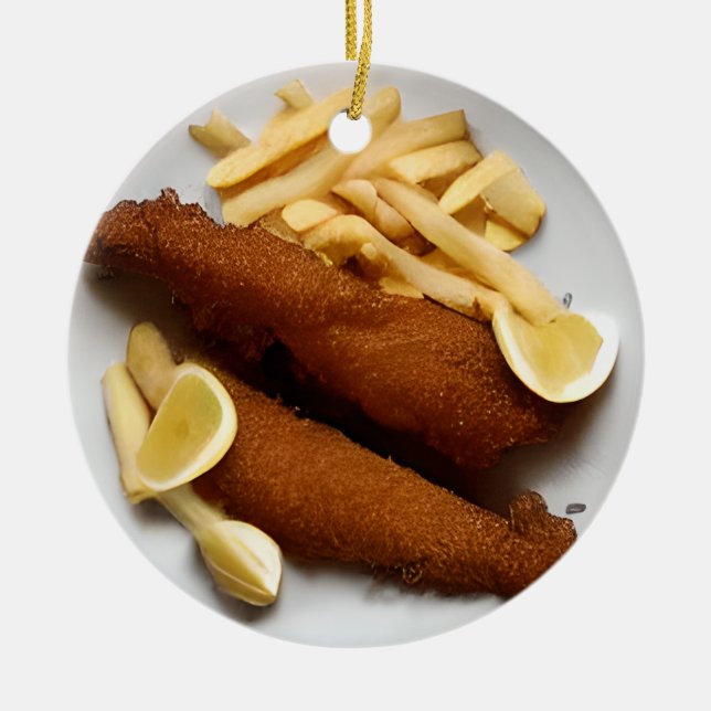 Funny Fish Pun jul | Fisk och Chip Julgransprydnad Keramik (Framsidan)