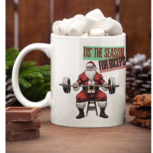Funny Fitness jul jul Bicep Curls Barbell Santa Kaffemugg (Tis' The Season For Biceps. A gym going Santa Coffee Mug)