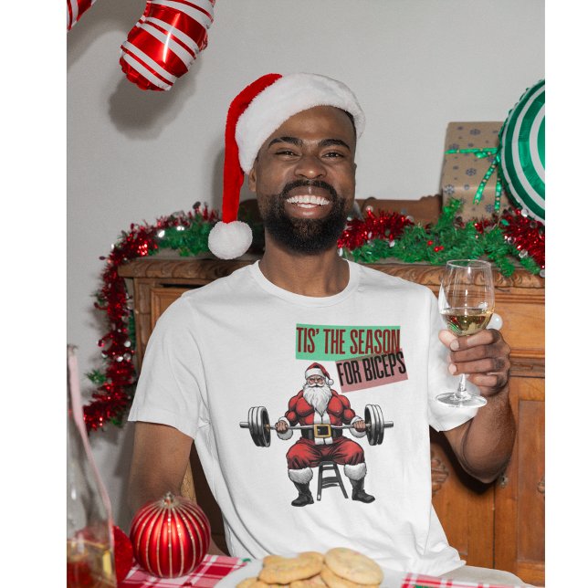 Funny Fitness jul jul Bicep Curls Barbell Santa T Shirt (Tis' The Season For Biceps. A funny Christmas gym Swole Santa Shirt)