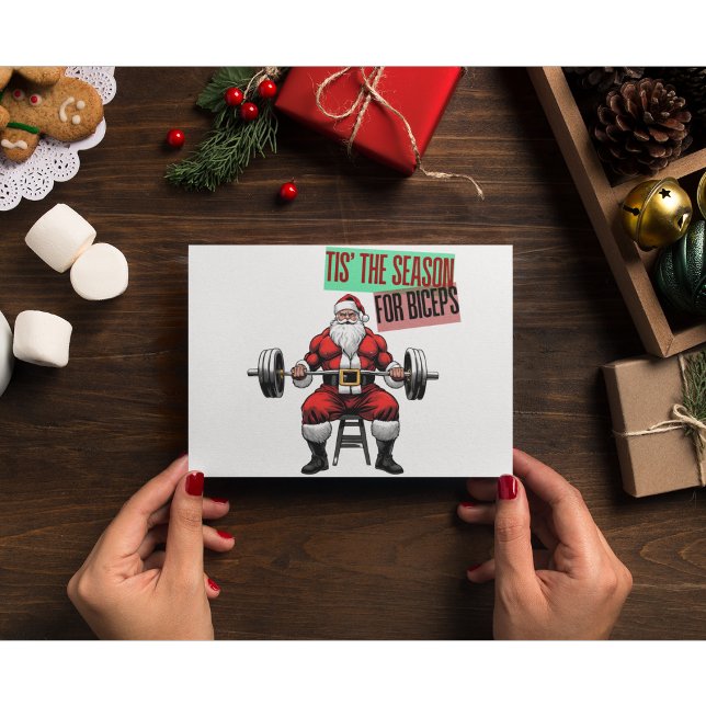 Funny Fitness jul jul Bicep Curls Barbell Santa Tack Kort (Fitness Santa Bicep Curl Christmas Card Quote)