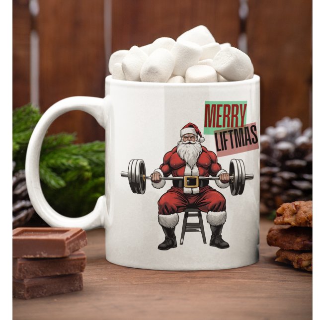 Funny Fitness jul Liftmas Barbell Santa Kaffemugg (Merry Liftmas Funny Fitness Christmas Coffee Mug. A swole Santa Claus ready to lift presents.)