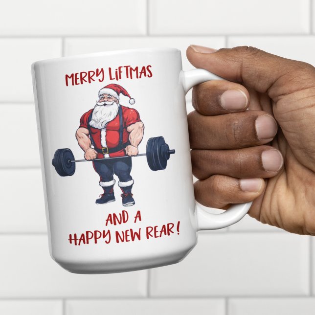 Funny Fitness jul Liftmas Barbell Santa Kaffemugg (Fit Santa Claus has been hitting the weights! Merry Liftmas!)
