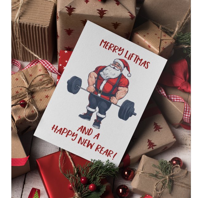 Funny Fitness jul Liftmas Barbell Santa Pun Tack Kort (Swole santa Christmas greeting card.)