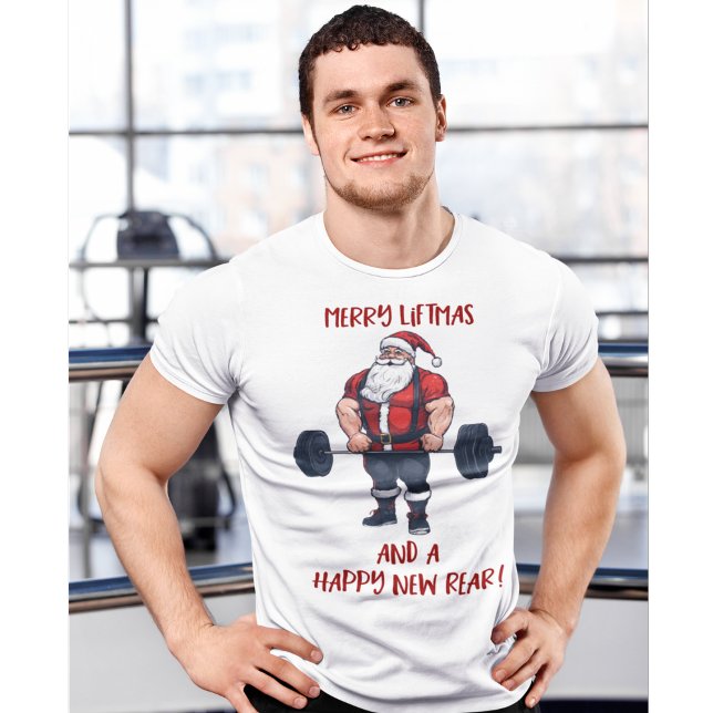 Funny Fitness jul Liftmas Barbell Santa T Shirt (Funny personal trainer Christmas shirt. MERRY LIFTMAS. A great pun for at the gym this holiday.)