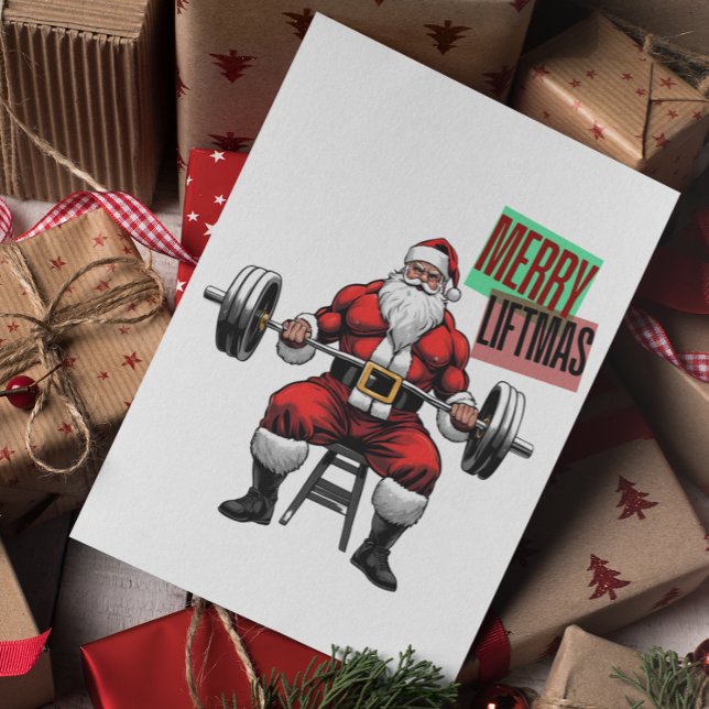 Funny Fitness jul Liftmas Barbell Santa Tack Kort (Merry Liftmas! Christmas Fitness Greeting Card)