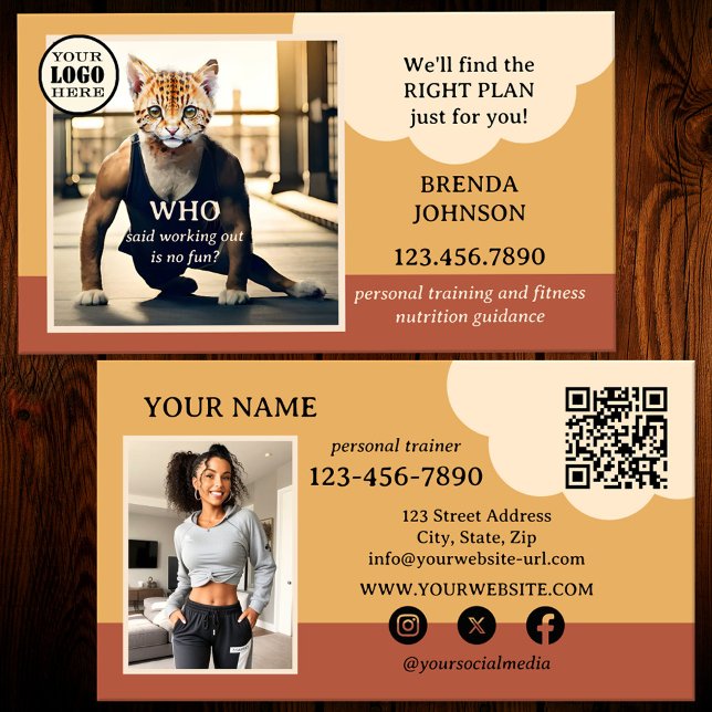 Funny Fitness Personal Trainer Visitkort (Funny business card for a fitness instructor in terra cotta colors with QR code template and photo)