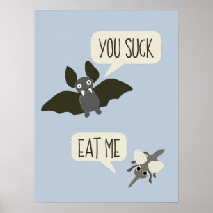 Funny Fladdermus och Mosquito Tecknad Light Blue Poster