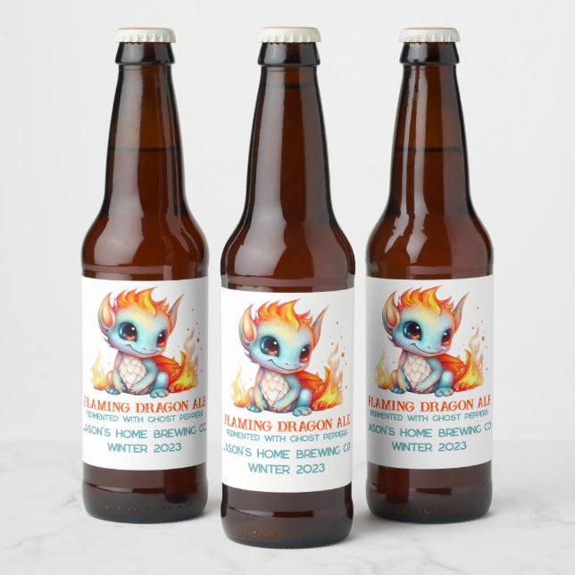 Funny Flaming Baby Dragon Home Brew Beer Ölflaska Etikett (Flaskor)