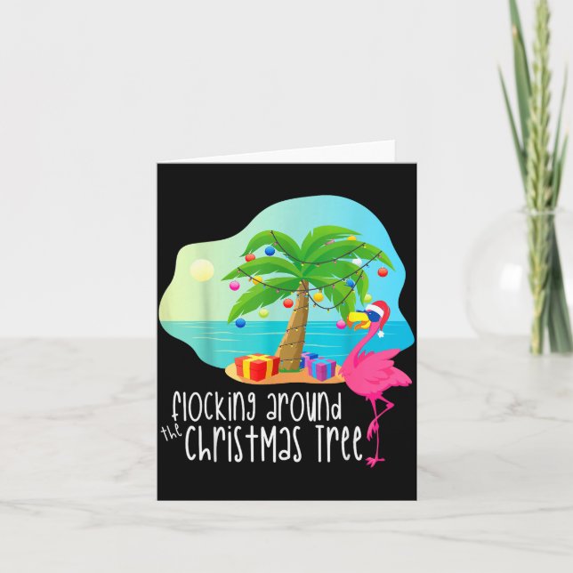 Funny Flamingo Flocking Around The Christmas Tree  Kort (Framsida)