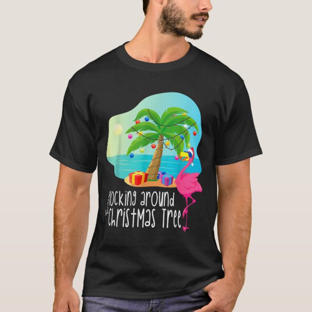 Funny Flamingo Flocking Around The Christmas Tree  T Shirt (Framsida)