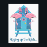 Funny Flamingo jul Ljus Beach Hut Vykort<br><div class="desc">Det fina Flamingo-vykortet för julhälsning med flamingo-par som dekorerar strandhinnan med ljus för helgdagarna och ord "Stegning upp Ljus". Cute stranden stil vycard hälsning för att skicka till vänner och familj genom julhelgen till havs.</div>