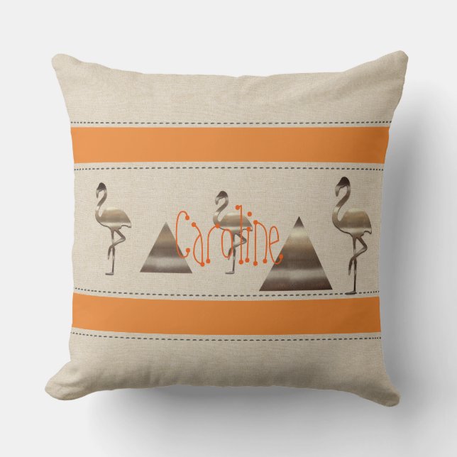 Funny Flamingo Linen Orange Rand Lägg till text Na Kudde (Framsida)