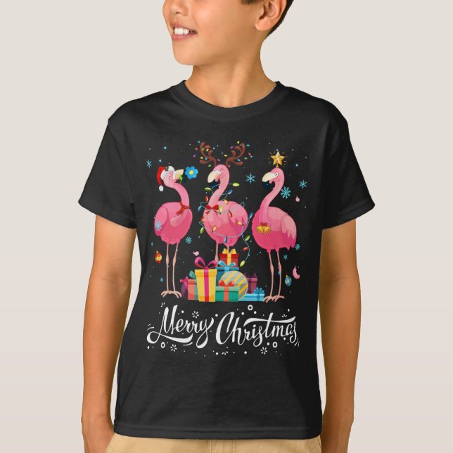 Funny Flamingo Ljus Santa Hat Sweater Julafton Trä T Shirt (Framsida)