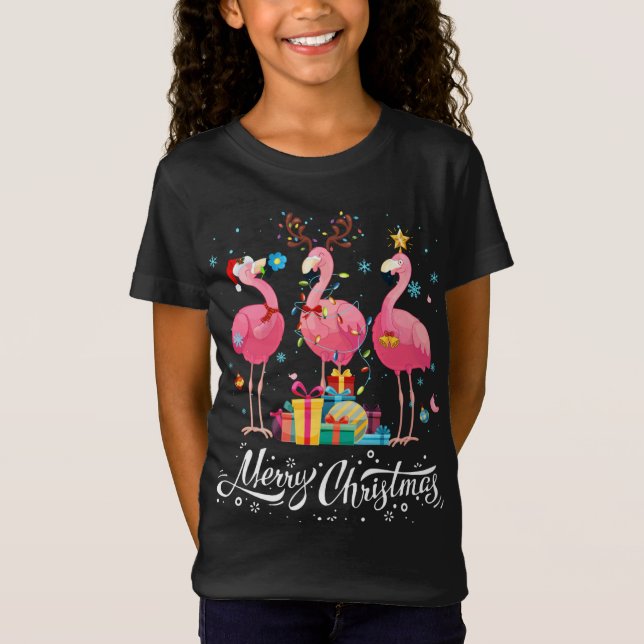 Funny Flamingo Ljus Santa Hat Sweater Julafton Trä T Shirt (Framsida)