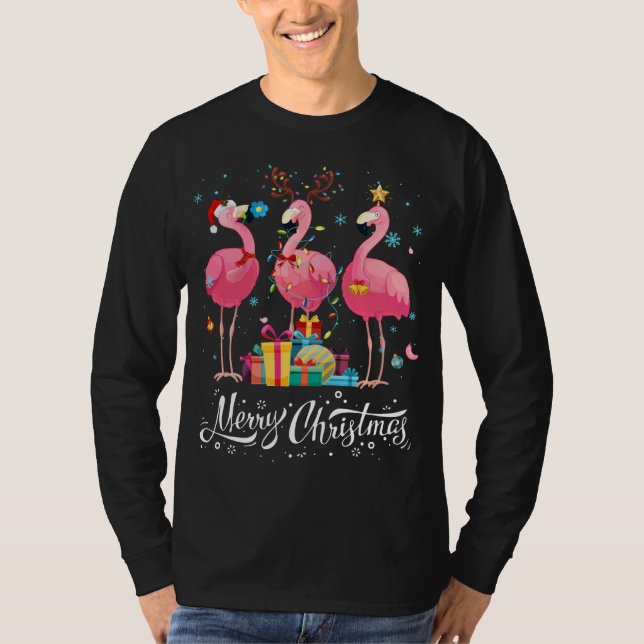 Funny Flamingo Ljus Santa Hat Sweater Julafton Trä T Shirt (Framsida)