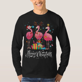 Funny Flamingo Ljus Santa Hat Sweater Julafton Trä T Shirt