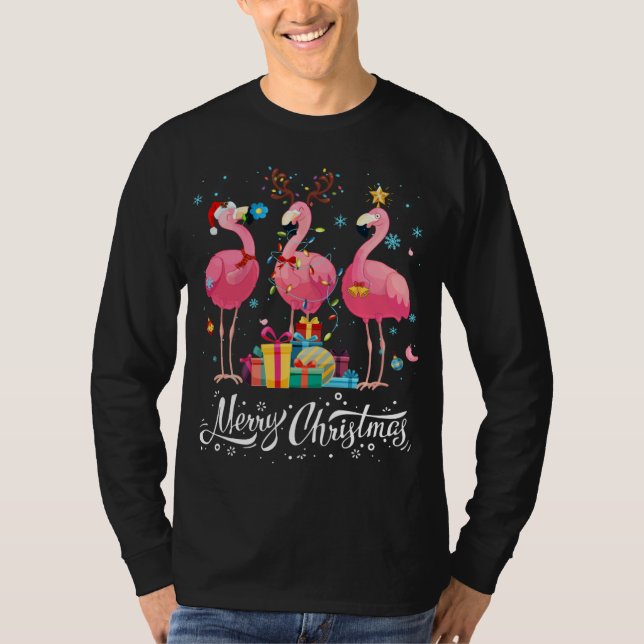 Funny Flamingo Ljus Santa Hat Sweater Julafton Trä T Shirt (Framsida)