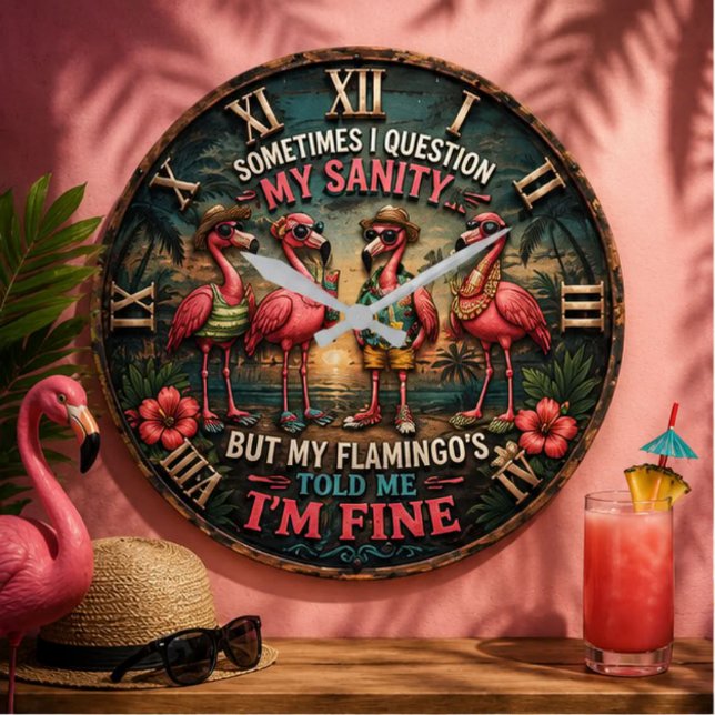 Funny Flamingo Tropical Humorous Beach House Stor Klocka (Skapare uppladdad)