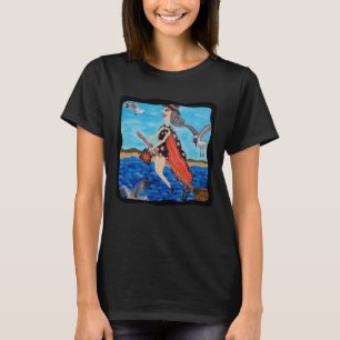 Funny Flies Witch Broom Cat Fiskmåsar Beach T Shirt