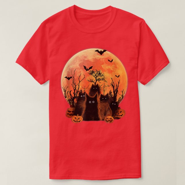 Funny Fluffy Svarta katter Måne Pumpkin Fladdermös T Shirt (Design framsida)