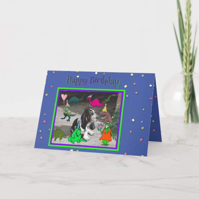 Funny födelsedagskort med dinosaurier och Basset H Kort (Framsida)