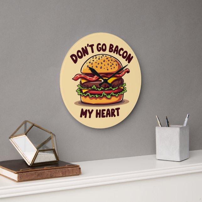 Funny Food Pun Bacon Älskare Cheeseburger Design Stor Klocka (Kontor)