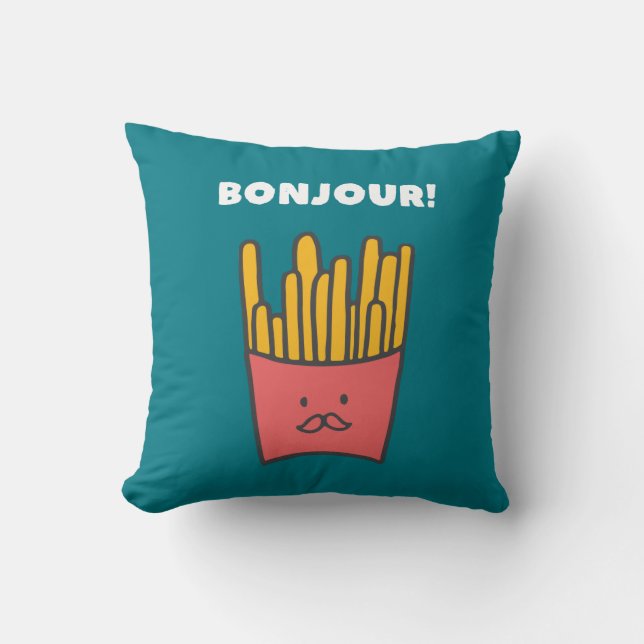 Funny Food Pun Humor Fransk Fries Bonjour Kudde (Framsida)