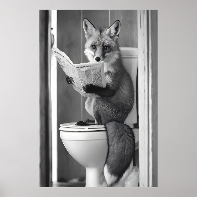 Funny Fox Bathroom Print, Reading Newspaper Poster (Framsidan)