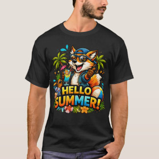 Funny Fox Hello Summer Cartoon Design T Shirt
