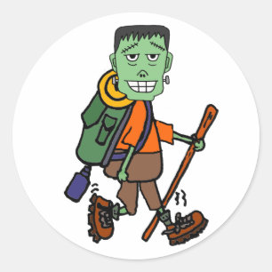 Funny Frankenstein Monster Hiking Tecknad Runt Klistermärke