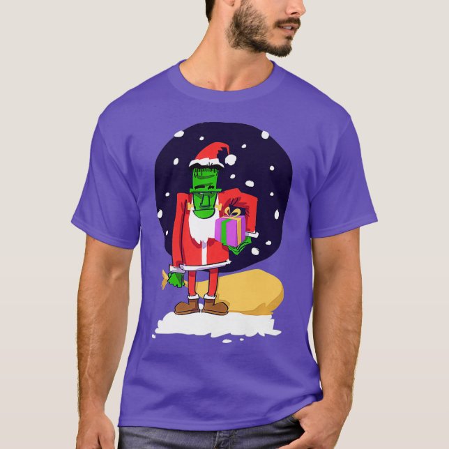 Funny Frankenstein Wearing Santa Kostym jul T Shirt (Framsida)