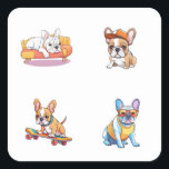 Funny Fransk Bulldog 4 Pack Stickers Fyrkantigt Klistermärke<br><div class="desc">Förbättra dina ägodelar med vår Fransk Bulldog 4 Pack Stickers! Med charmerande design av en Fransk Bulldog som sover på ett soffa, bär en basebollhatt, rider en skateboard och solglasögon i sport är dessa tåliga högkvalitativa klistermärken idealiska för alla hund älskare. Perfekt för anpassning av bärbara datorer, vattenflaskor, bärbara datorer...</div>