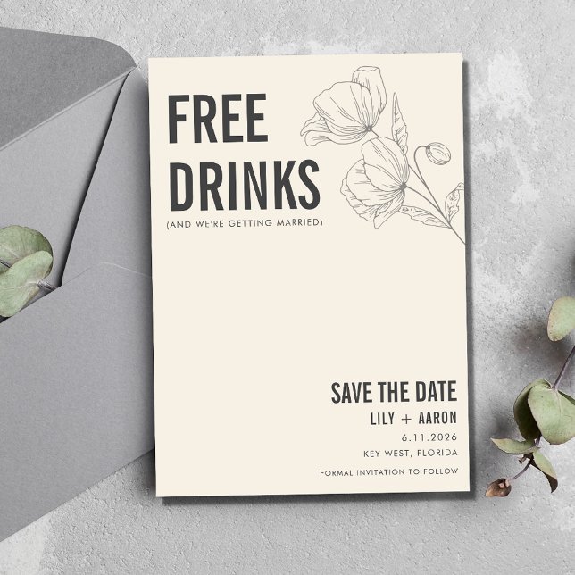 Funny Free Drinks Blommigt Photo Bröllop Spara Datumet (Funny Free Drinks Floral Photo Wedding Save The Date)
