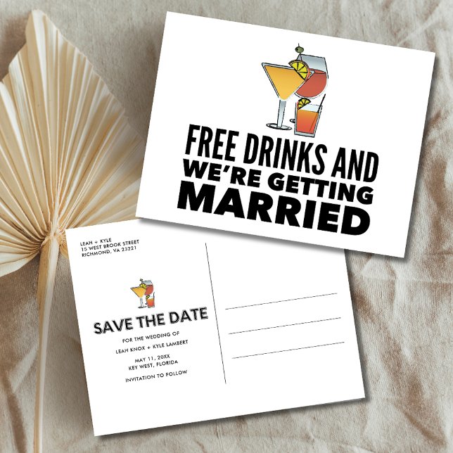Funny Free Drinks Bröllop spara datum Meddelande Vykort (Funny Free Drinks Wedding Save the Date Announcement Postcard)