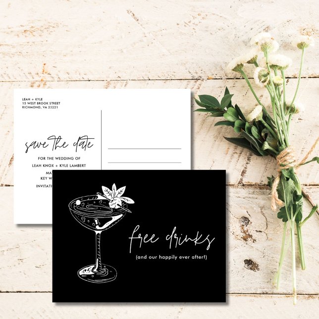 Funny Free Drinks Bröllop spara datum Meddelande Vykort (Funny Free Drinks Wedding Save the Date)