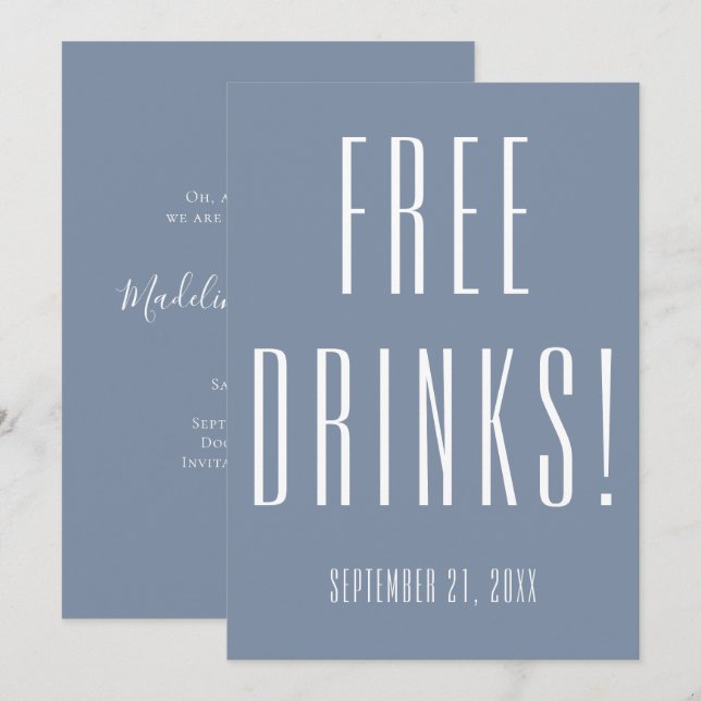 Funny Free Drinks Dusty Blue Bröllop spara datum Datumet (Fram/baksida)