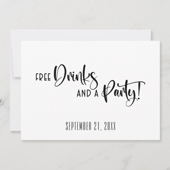 Funny Free Drinks Party Black and White Bröllop Spara Datumet (Framsida)