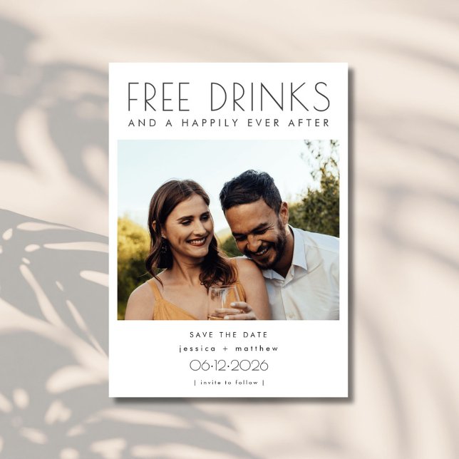 Funny Free Drinks Photo Bröllop spara datum Datumet (Funny Free Drinks Photo Wedding Save the Date)