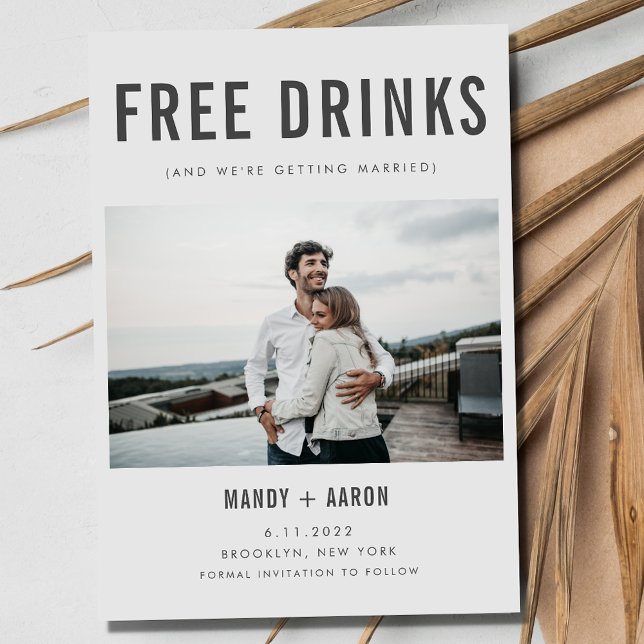 Funny Free Drinks Photo Bröllop spara datum Spara Datumet (Funny Free Drinks Photo Wedding Save the Date)