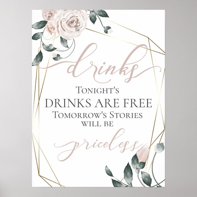 Funny Free Drinks Pub Menu Sign Rosa Guld Poster (Framsidan)