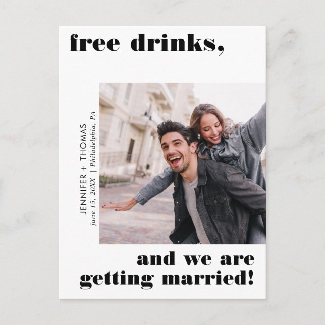 Funny Free Drinks Typography Save the Date Black Vykort (Framsida)