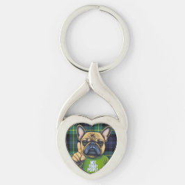 Funny French Bull Dog Play Twisted Heart Silverfärgad Nyckelring