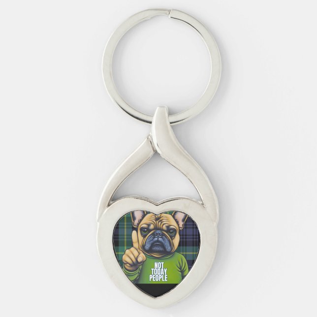 Funny French Bull Dog Play Twisted Heart Silverfärgad Nyckelring (Framsidan)