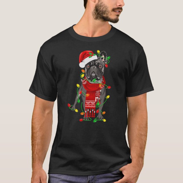 Funny French Bulldog Dog Tree Christmas Lights Xma T Shirt (Framsida)