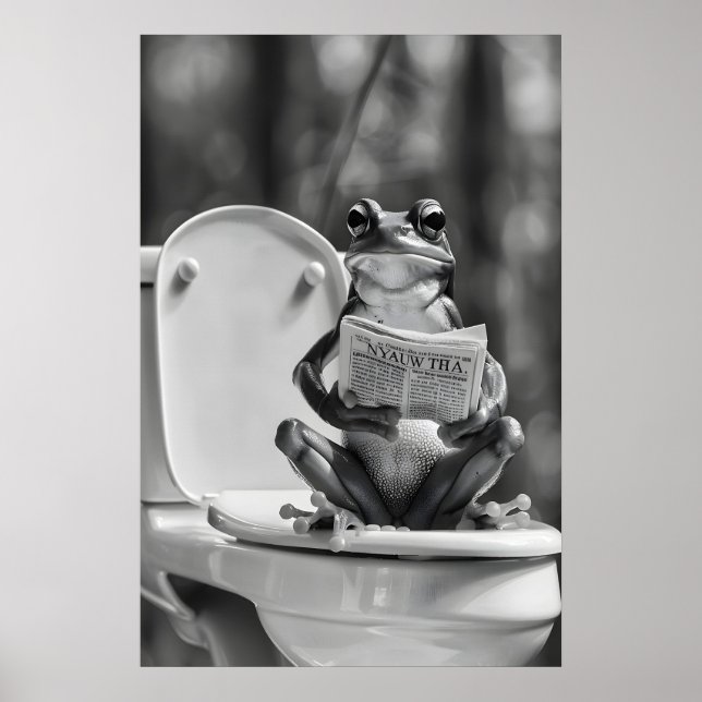 Funny Frog Bathroom Print, Reading Newspaper on Poster (Framsidan)