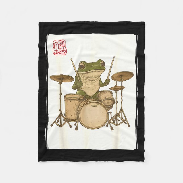 Funny Frog Drum Rock Music Kawaii Japanese  Fleecefilt (Framsidan)