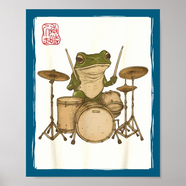 Funny Frog Drum Rock Music Kawaii Japanese  Poster (Framsidan)