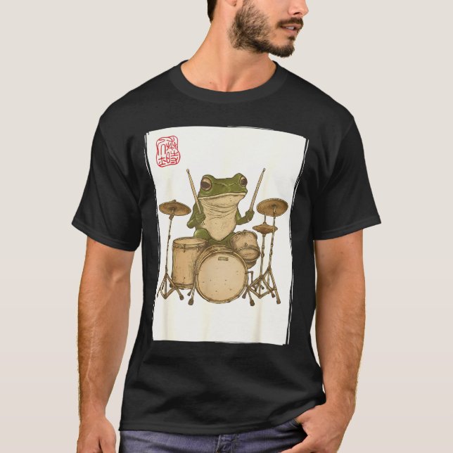 Funny Frog Drum Rock Music Kawaii Japanese  T Shirt (Framsida)